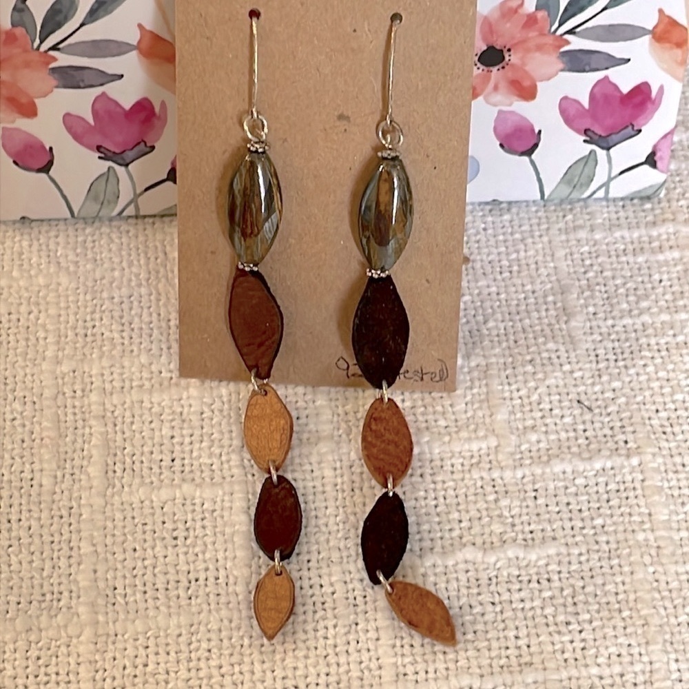 Sterling silver leather and natural stone extra long earthy neutral colors